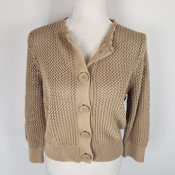 Pointelle Tan Button Up Open Mesh Knit Long Sleeve Crochet Neck Crop Cardigan XL - Picture 2 of 12